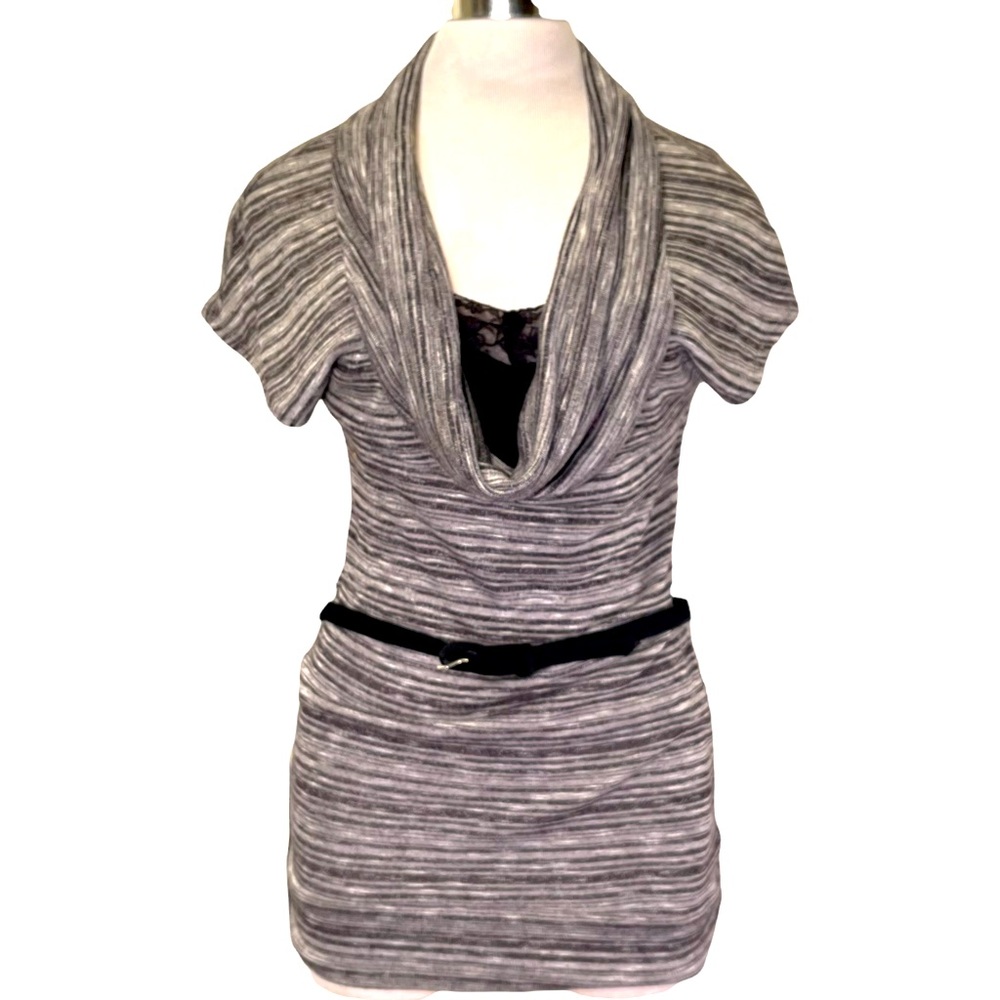 Black White Cowl Neck Black Lace Accent Tunic Top